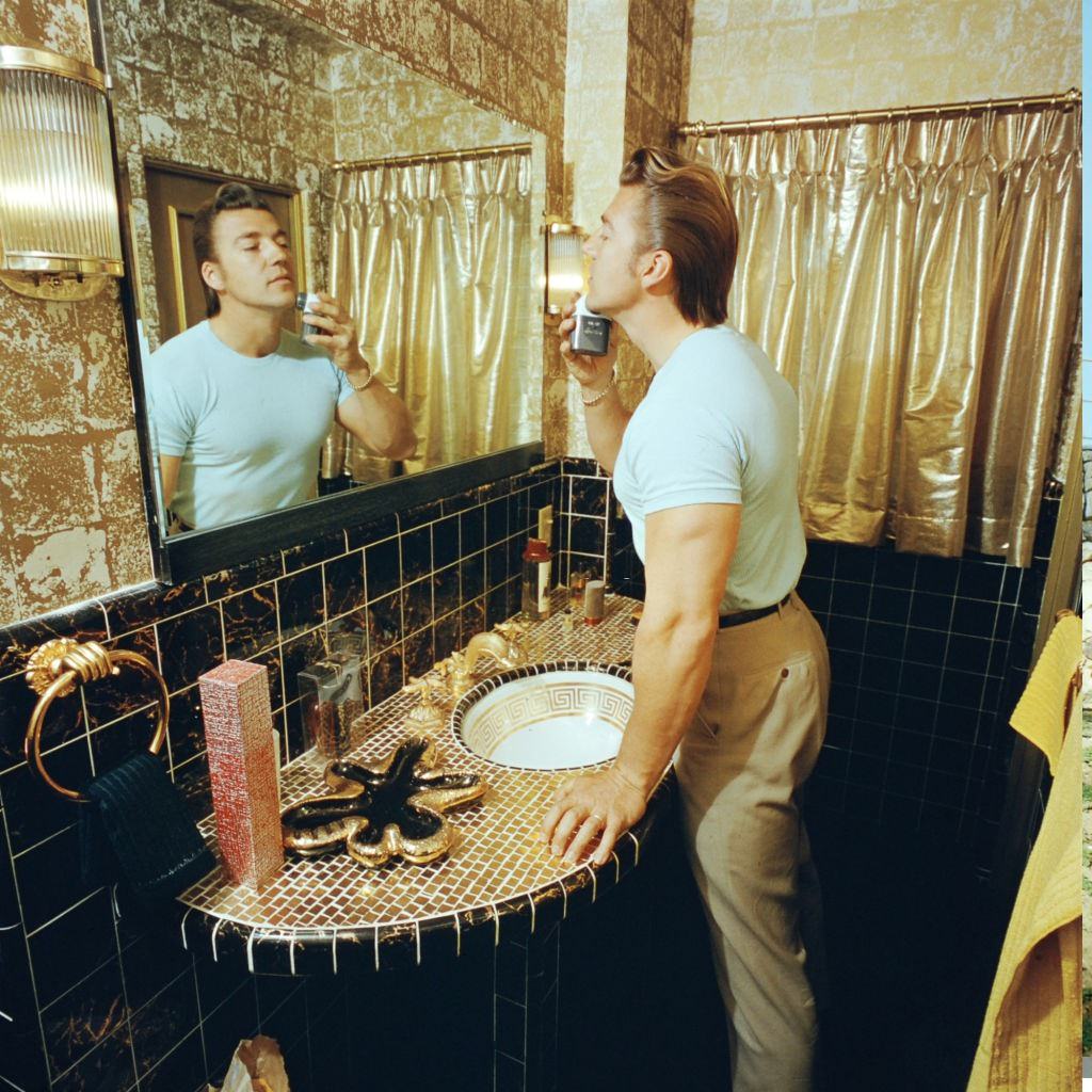 Jayne Mansfield's Mickey Hargity,shaving in the bathroom of Pink Palace, 1960s