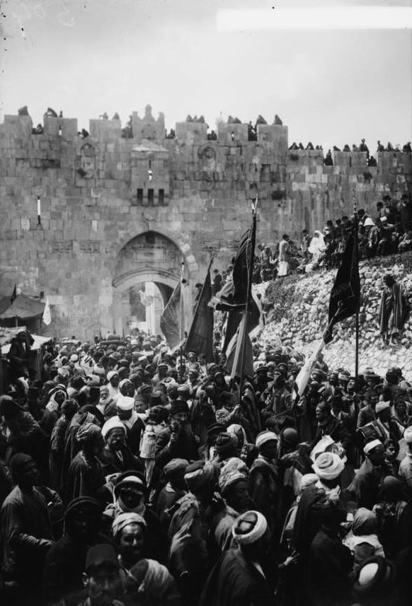 A procession leave Jerusalem, on their way to Nebi Musa to visit the tomb of Moses, 1936