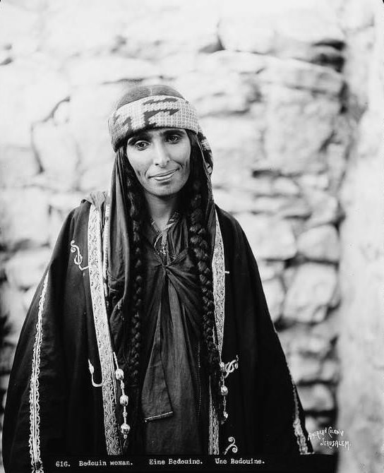 A Bedouin woman poses for a photograph, Circa 1898-1914
