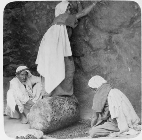 Workers crush olives with the broken column of an ancient building.Beit Jibrin, Circa 1920-1933