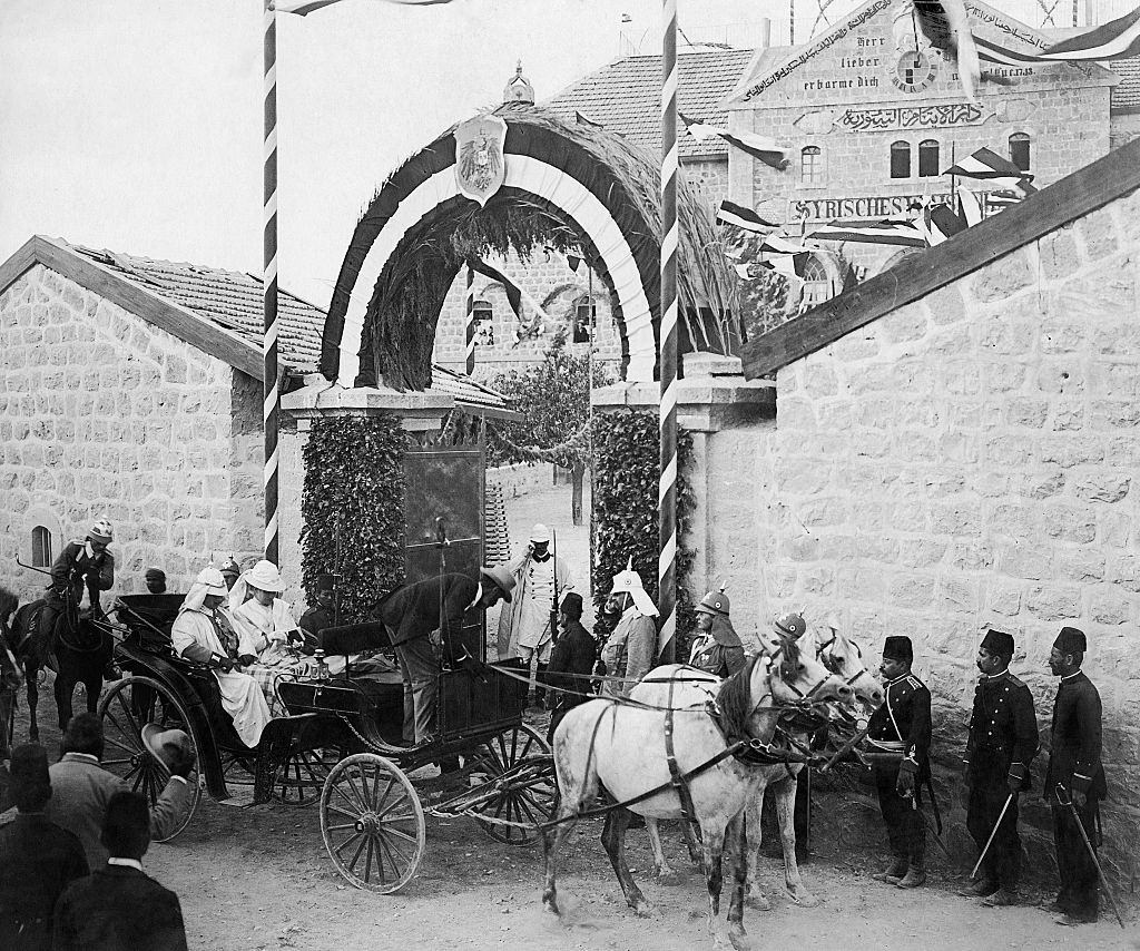 German Emperor, Wilhelm II visiting an orphanage Talitha Kumi in Jerusalem with his wife, Auguste Viktoria, 1890s.