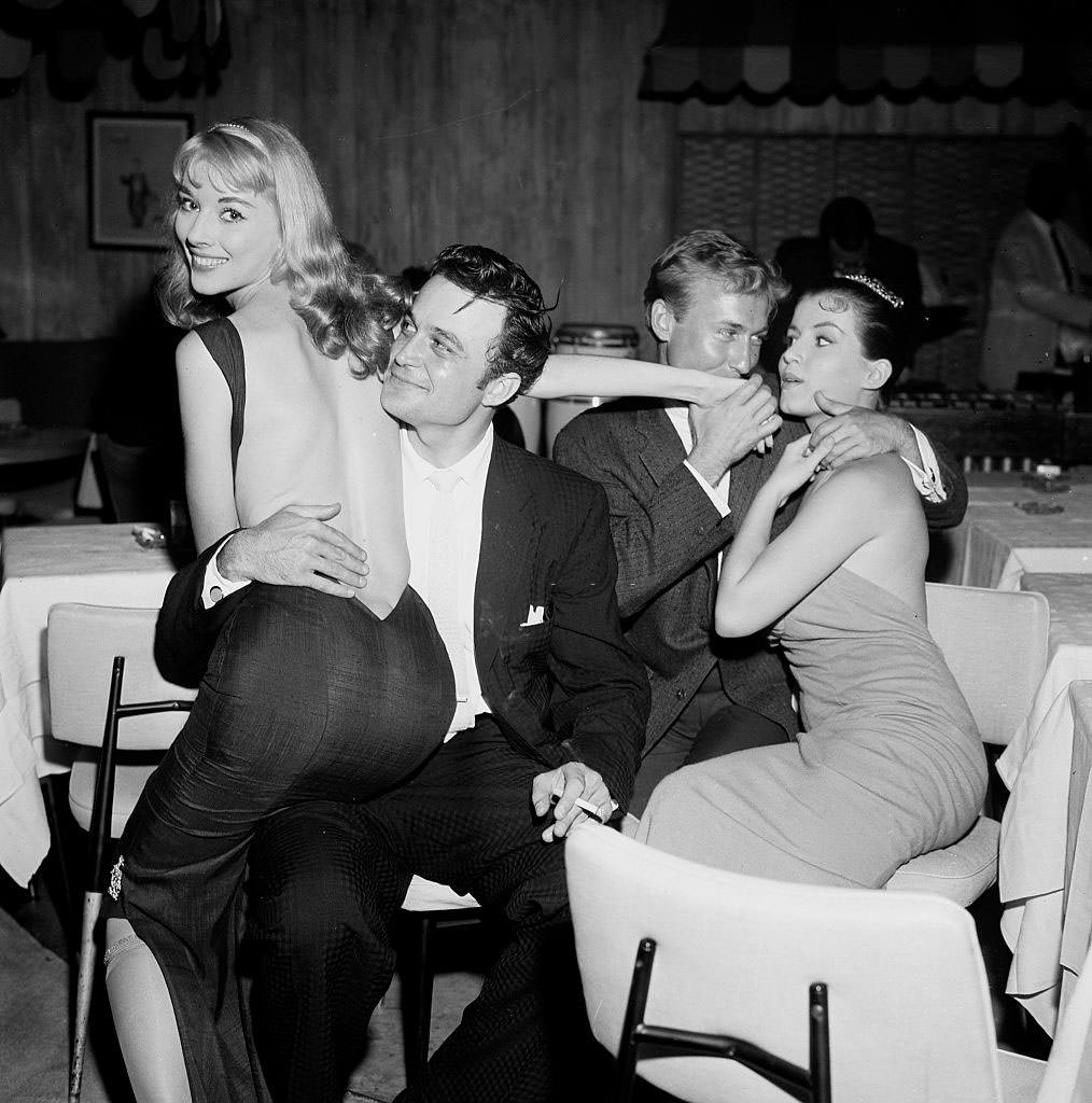 Joan Bradshaw with Nick Adams and Vikki Dougan with Manning Ross, 1957