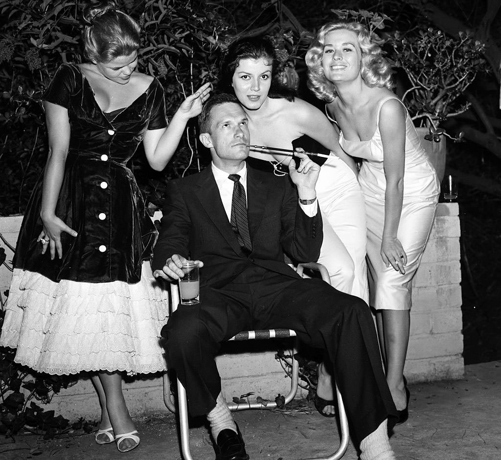 Joan Bradshaw with Caroline Mitchell, Hugh Hefner and Sylvia Sydney