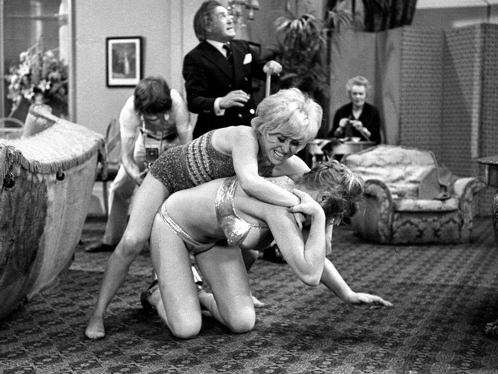 Margaret Nolan and Barbara Windsor in the film 'Carry On Girls', 1973.