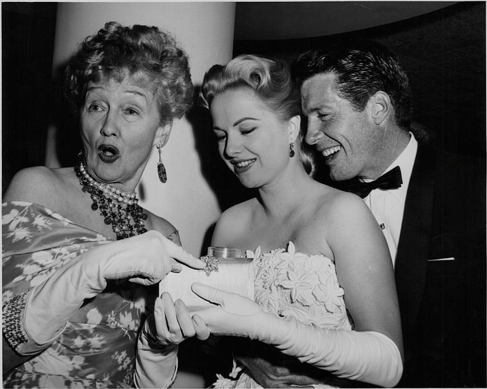 Martha Hyer with Hedda Hopper and Robert Horton, 1950