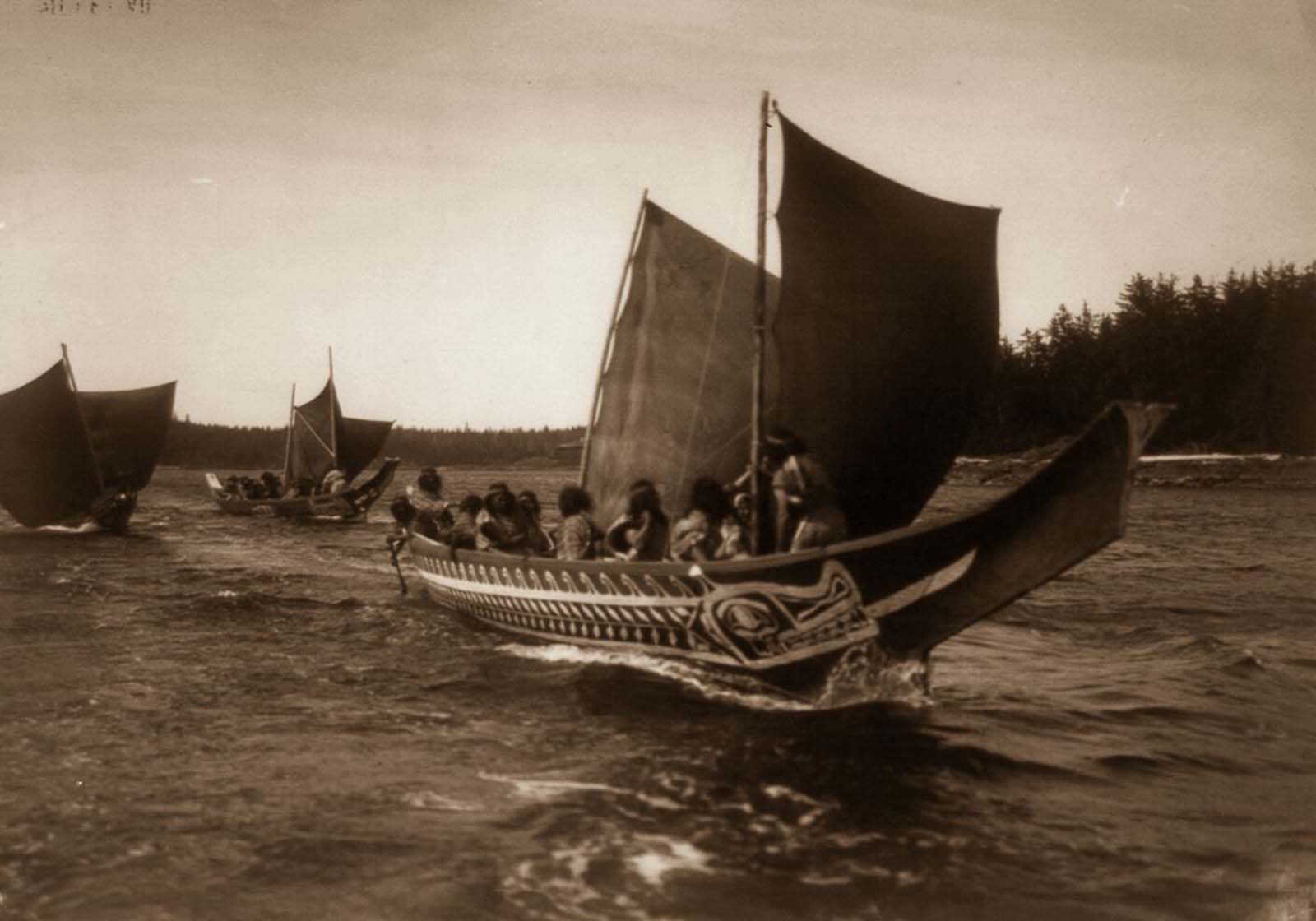Kwakiutl people in canoes in British Columbia. 1914.