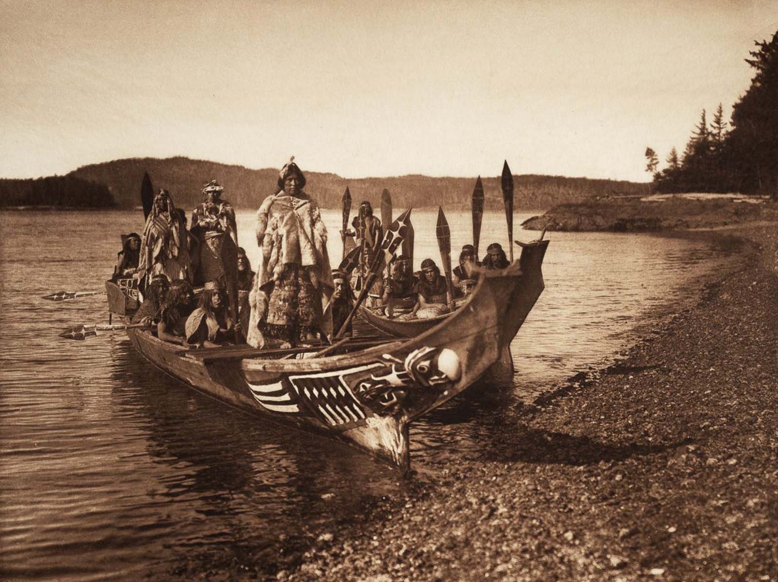 A Kwakiutl wedding party arrives in canoes. 1914.