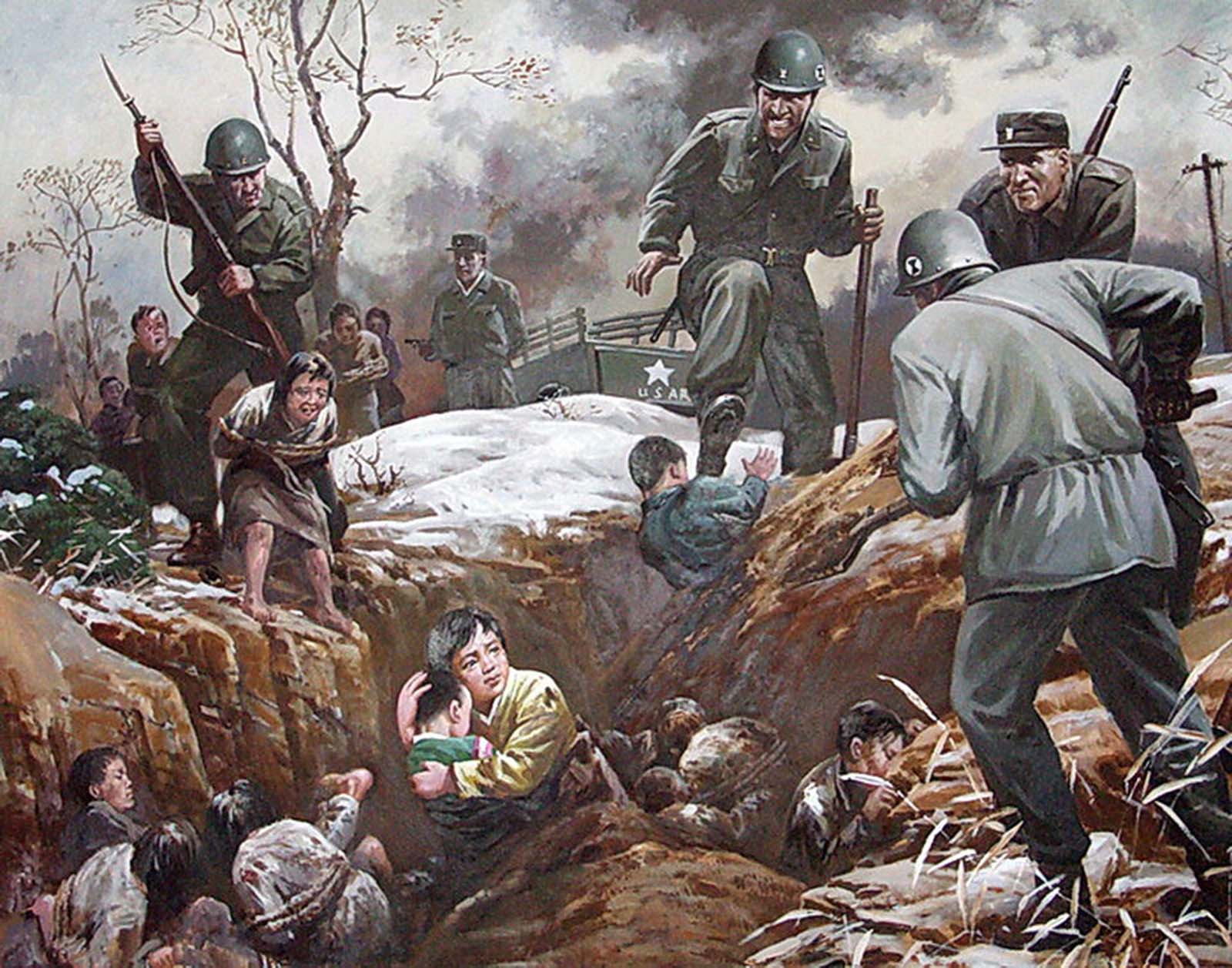 North Koreans are seen being forced into a pit.