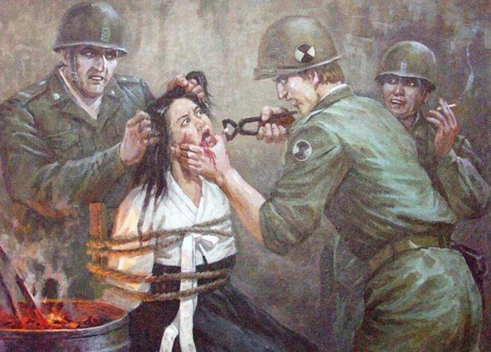 One soldier yanks the teeth from a Korean woman.