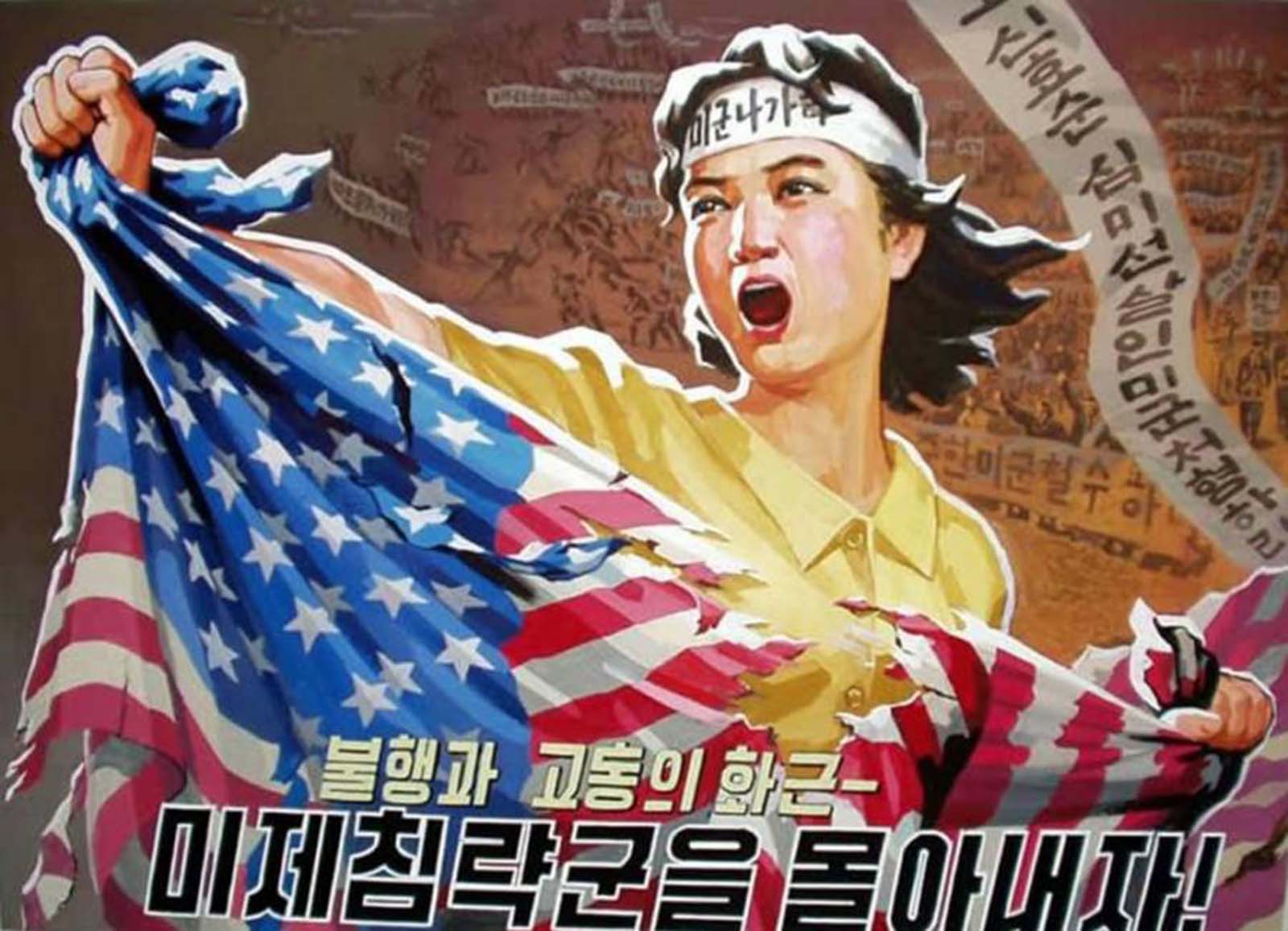 “Repel the American invader.” Headband: “US military out!”.