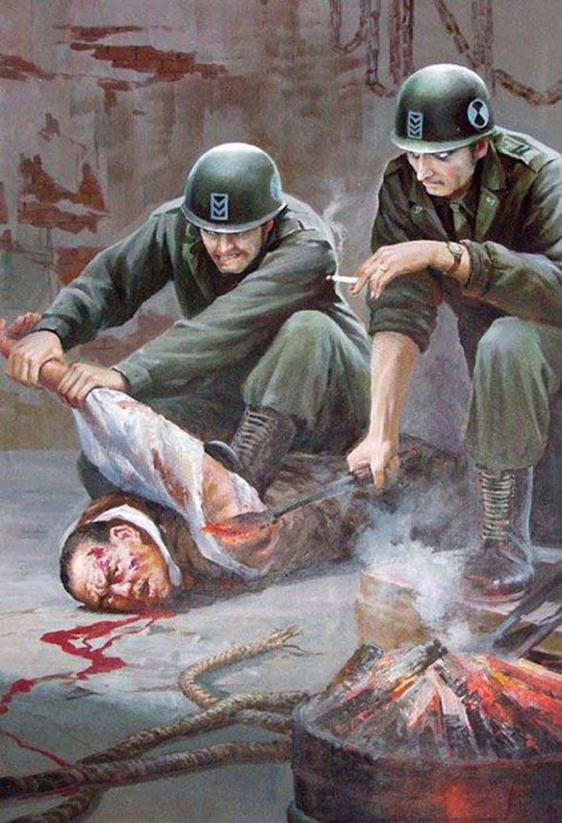 One painting shows a soldier burning the armpit of a man.