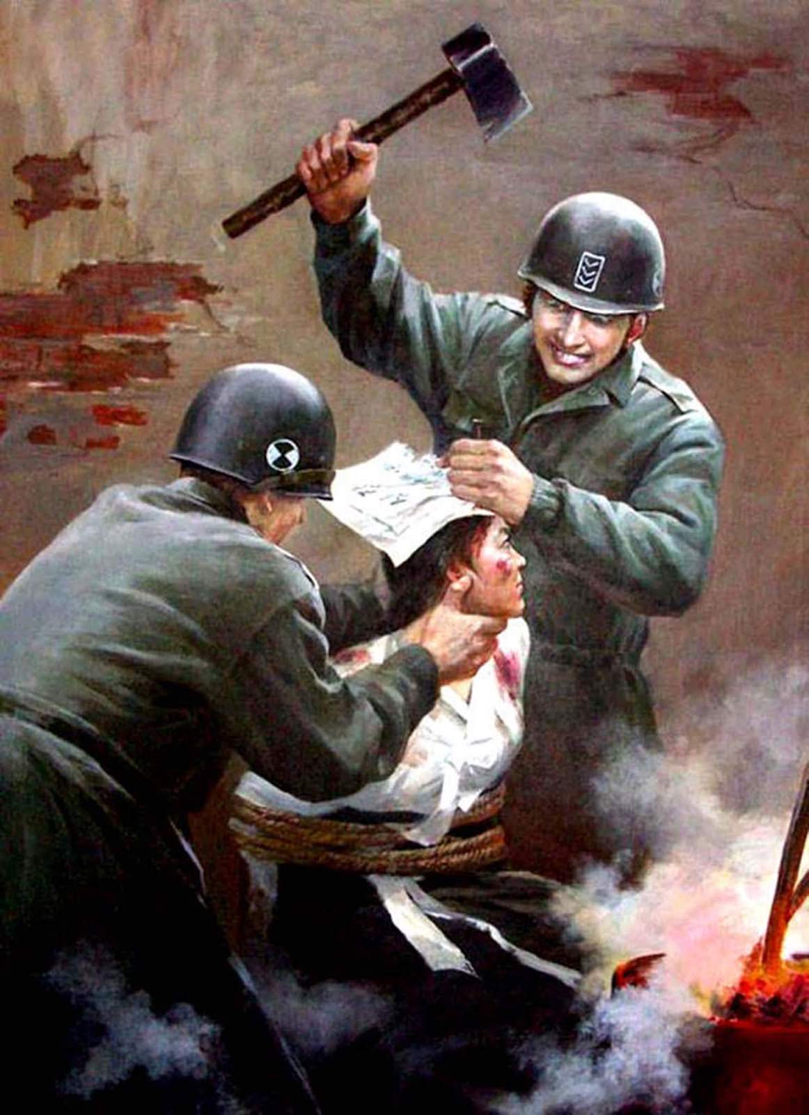 American soldiers hammering nail into Korean woman head