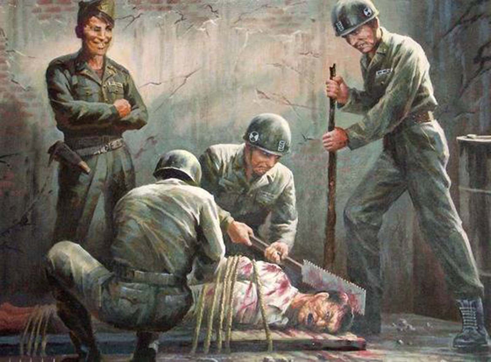 A gruesome propaganda painting produced by North Korea which depicts the alleged crimes American soldiers carried out on Koreans during the Korean War.