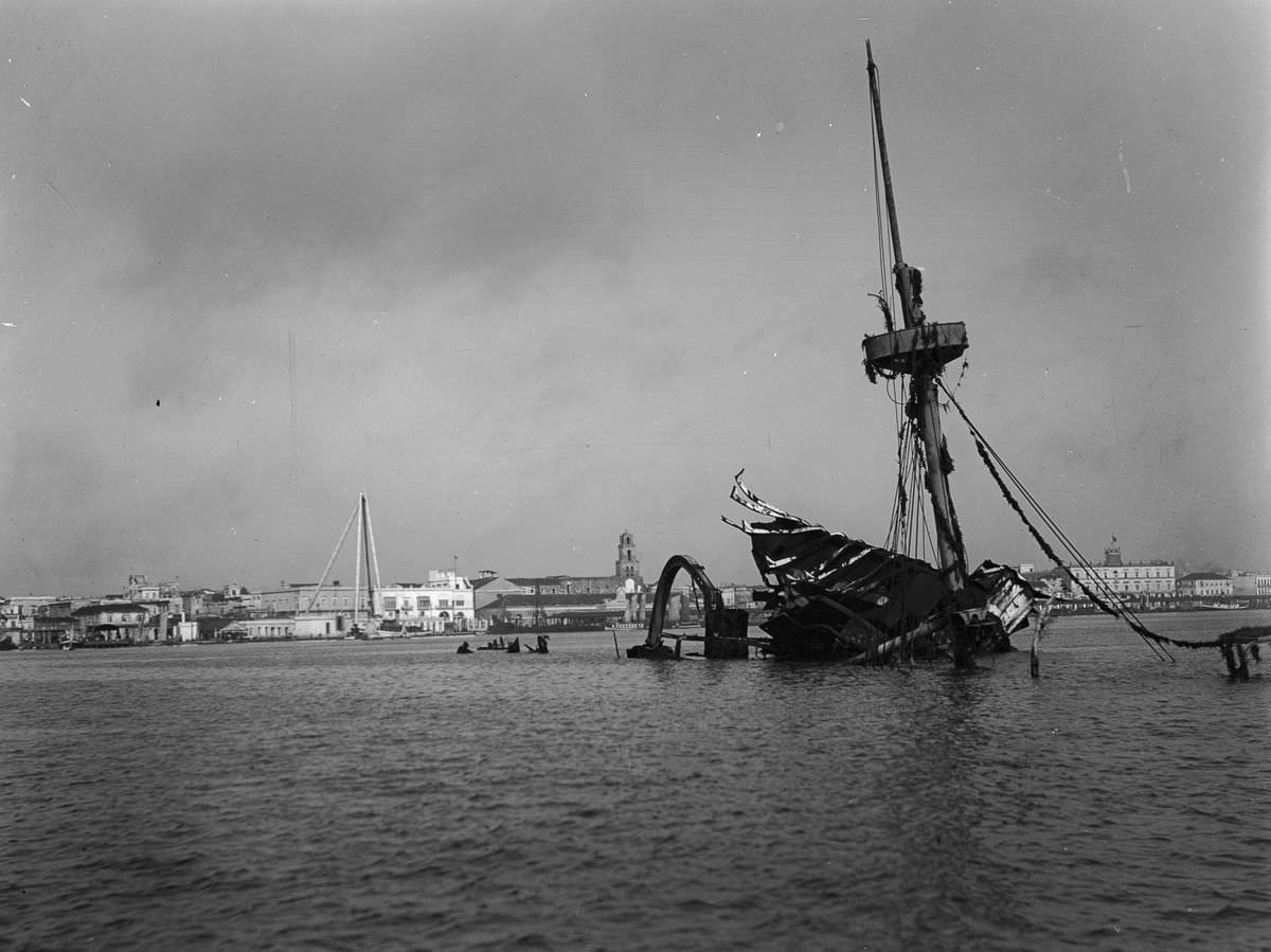 The wreck of the U.S.S. Maine, which exploded and sank mysteriously, 1900