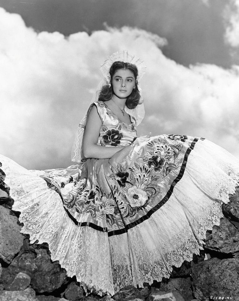 Pier Angeli in a traditional Mexican dress, 1953