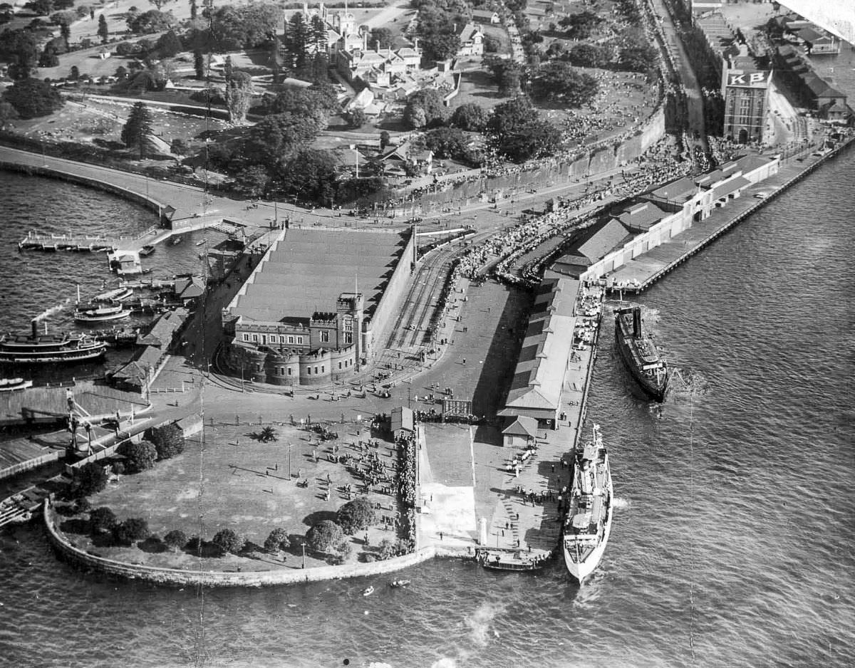 The tram shed at Bennelong Point Circular Quay before the Sydney Opera House was built, 1952