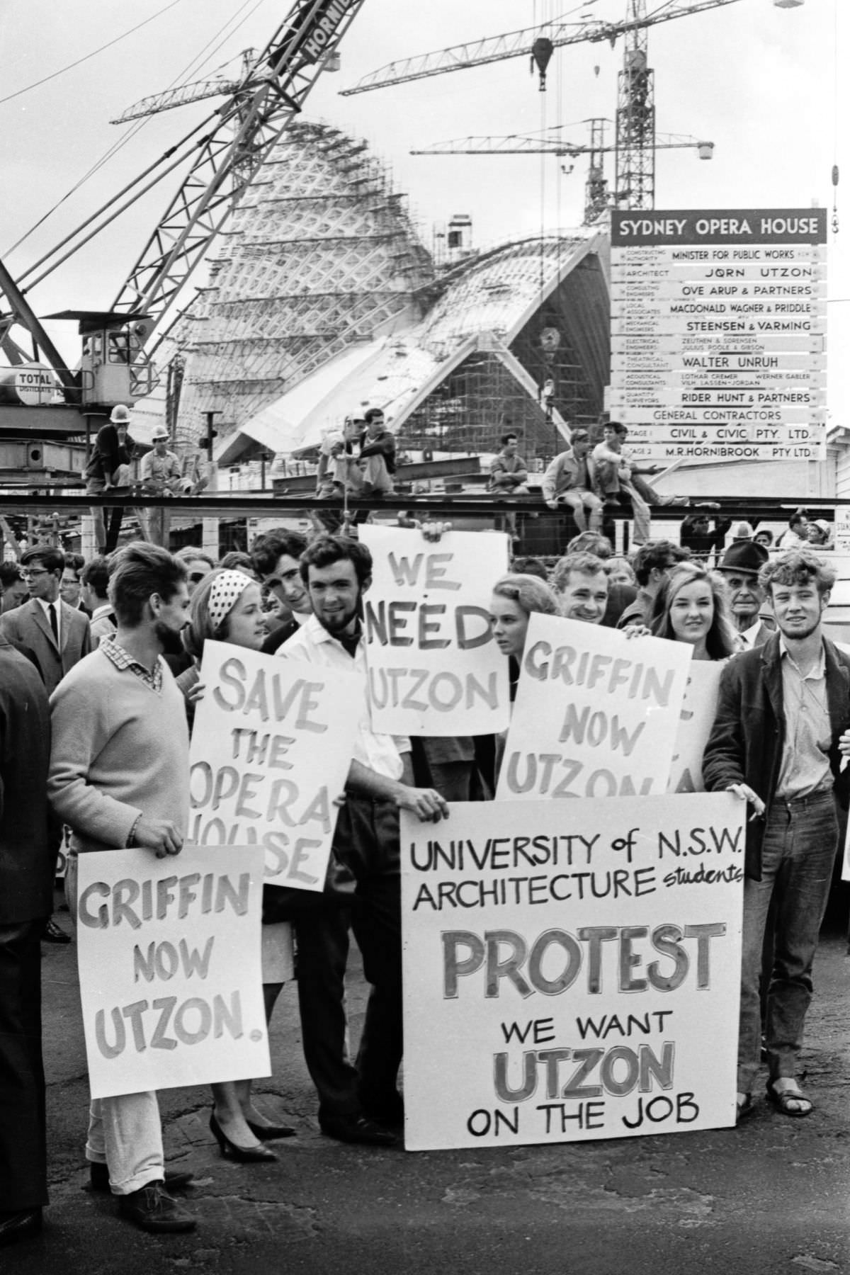 Students protest and march from Sydney Opera House to Parliament House in Sydney after the resignation of architect Jørn Utzon, March 3, 1966.