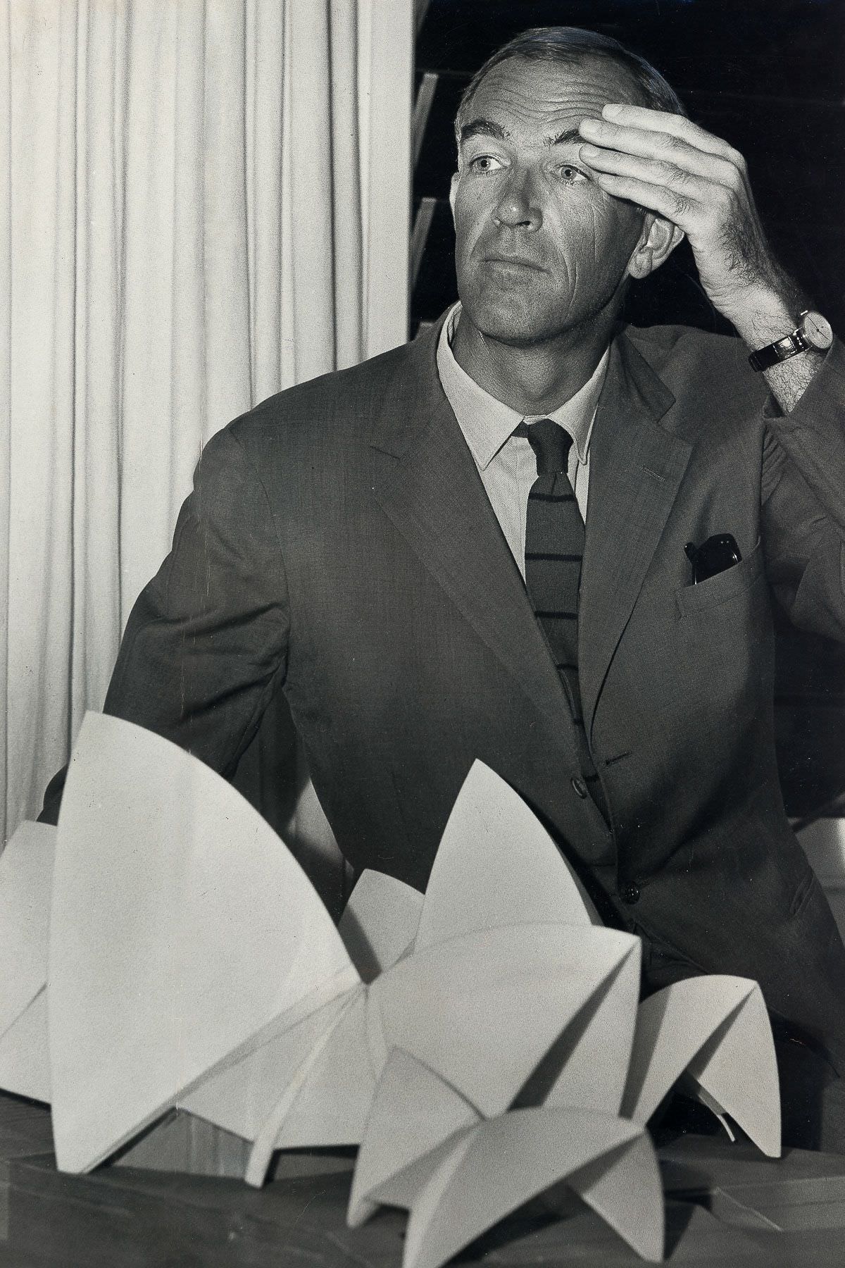 Architect Jørn Utzon after a press conference with a scale model of the Sydney Opera House, March 8, 1966.