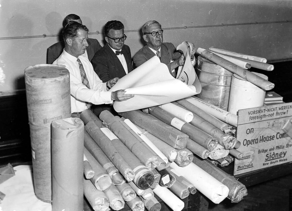 Judges review entries in the design competition for the new Sydney Opera House, 1957