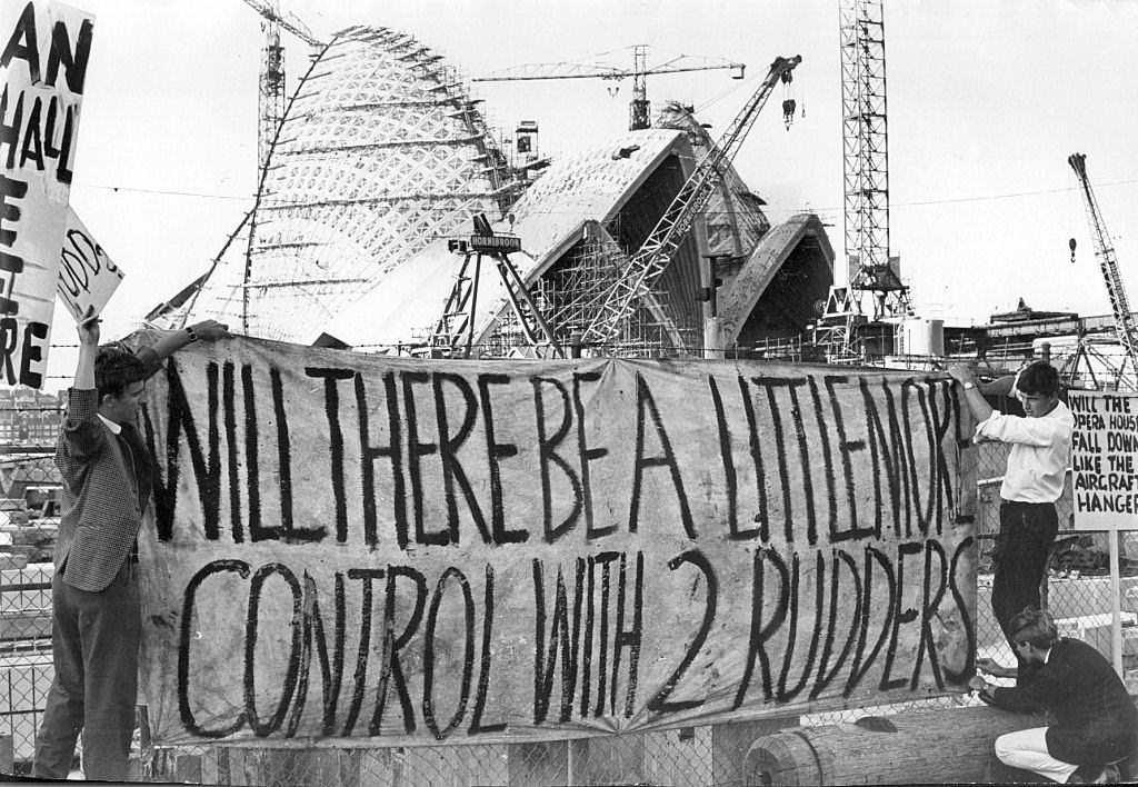 University of Sydney students armed with posters protest against the architects' appointments for the Sydney Opera House, 20 April 1966.