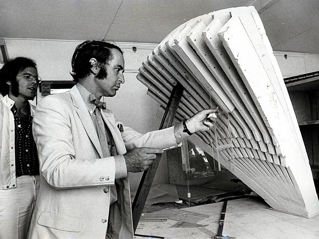 Design-architect Peter Hall, right, and R. Consigli with a model of the Sydney Opera House, 8 December 1969.