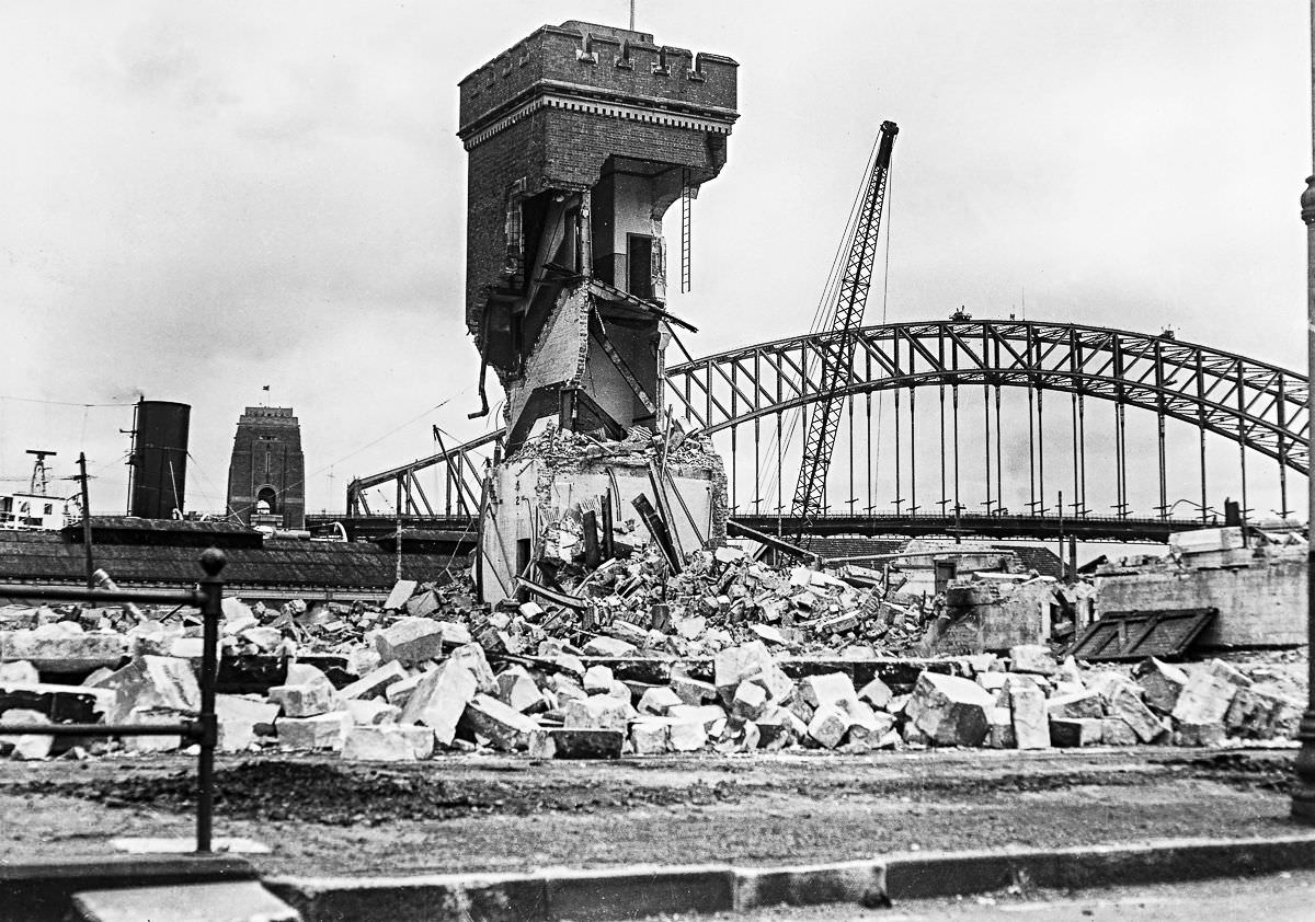 The tram shed at Bennelong Point is demolished to make way for the construction of the Opera House, Dec. 30, 1958