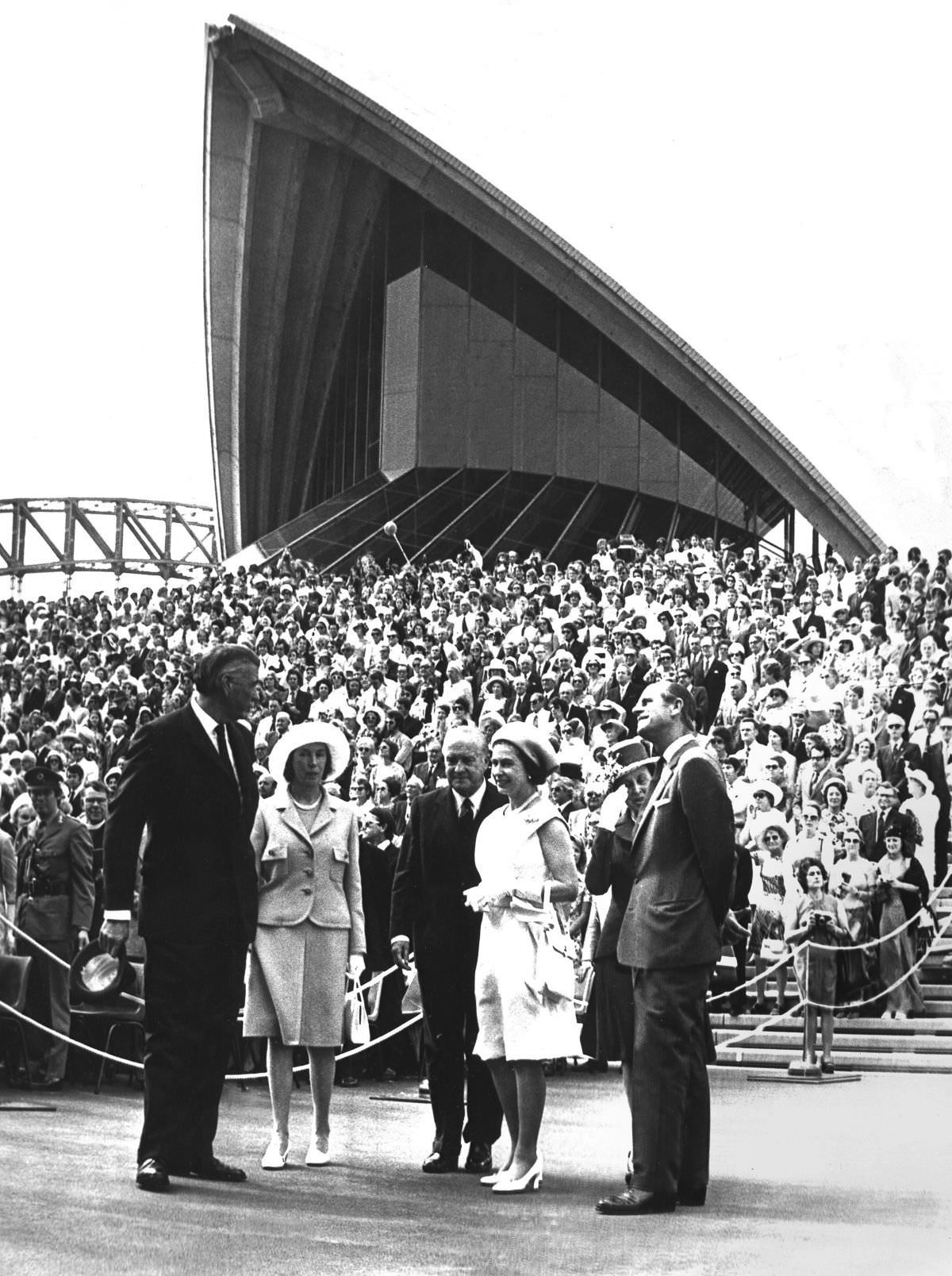 Sir Roden and Lady Cutler, and Sir Robert and Lady Askin with Queen Elizabeth II and the Duke of Edinburgh at the opening of the Opera House, Oct. 20, 1973.