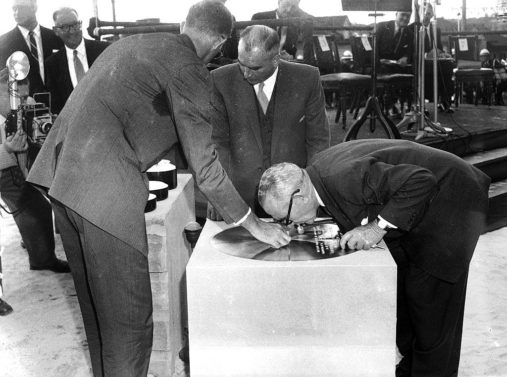 Joern Utzon at the start of construction of the Sydney Opera House on site at Bennelong Point on 27 February 1959