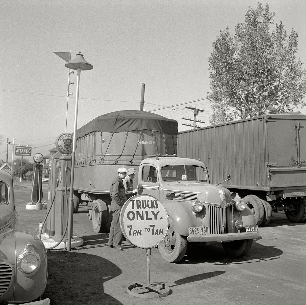 Trucks on highway en route to Utica, New York, October 1941