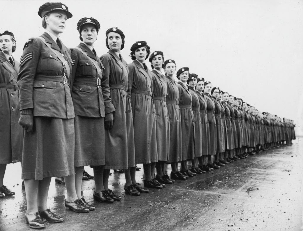 Members of the Women's Auxiliary Air Force line up for inspection at their London headquarters, England.