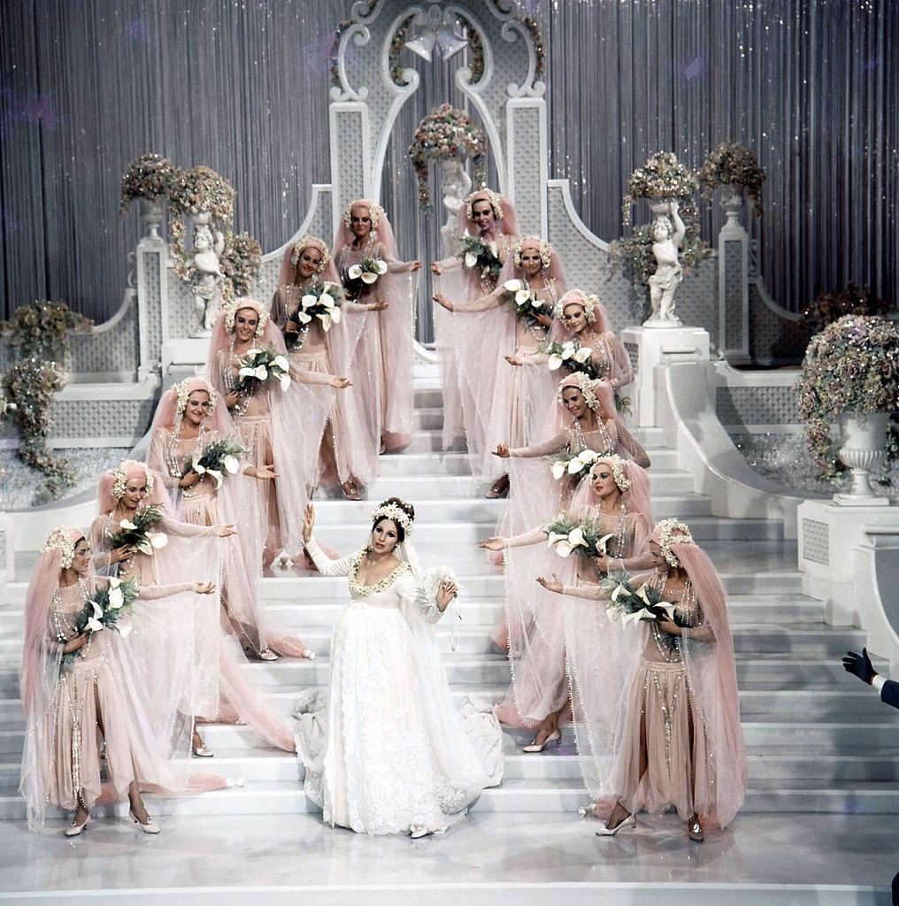 Barbra Streisand sings in a wedding dress in a scene from the film 'Funny Girl', 1968