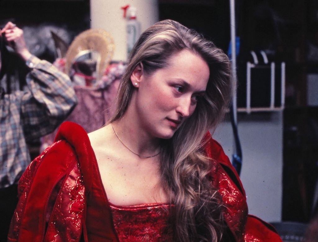 Meryl Streep rehearsing for the Shakespeare in the Park production of The Taming of the Shrew which co-starred Raul Julia
