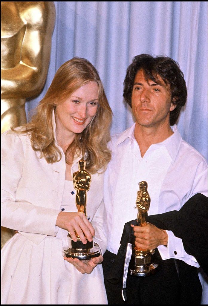 Meryl Streep with Dustin Hoffman after winning an Oscar award, 1979