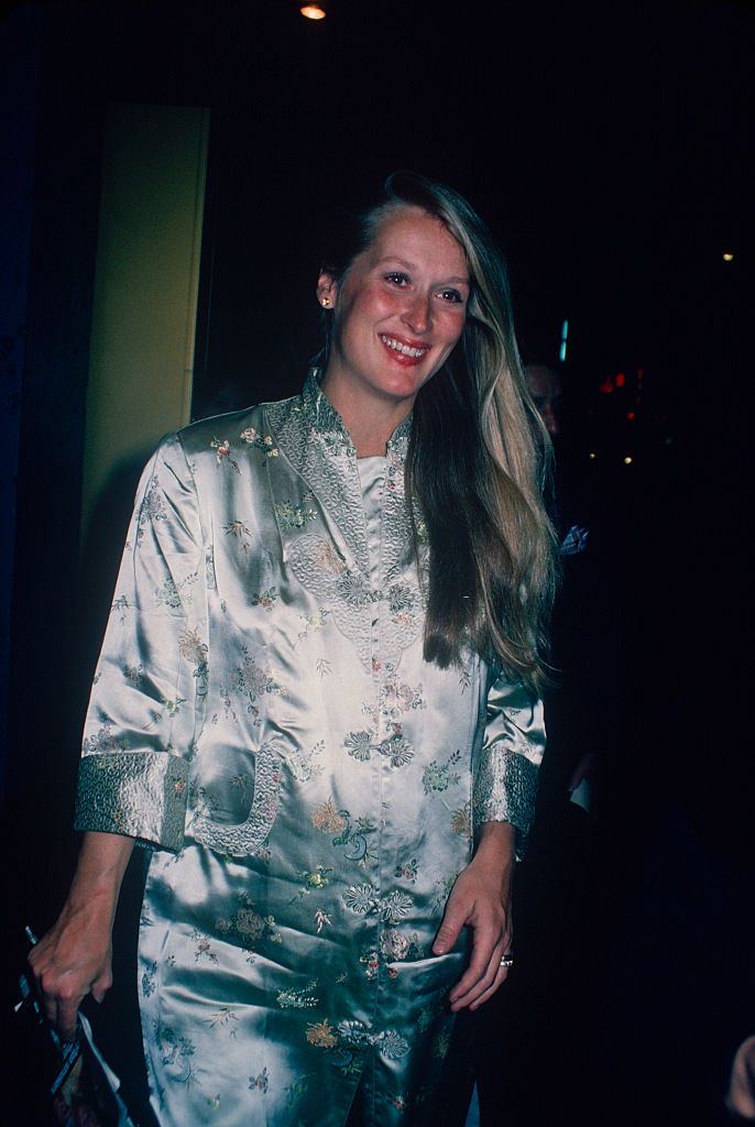 Meryl Streep wearing a gray brocade, 1970