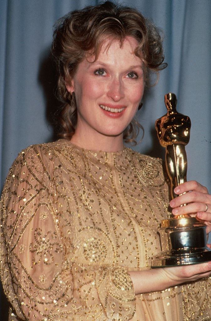 Meryl Streep holding her Oscar in Press Room at Academy Awards