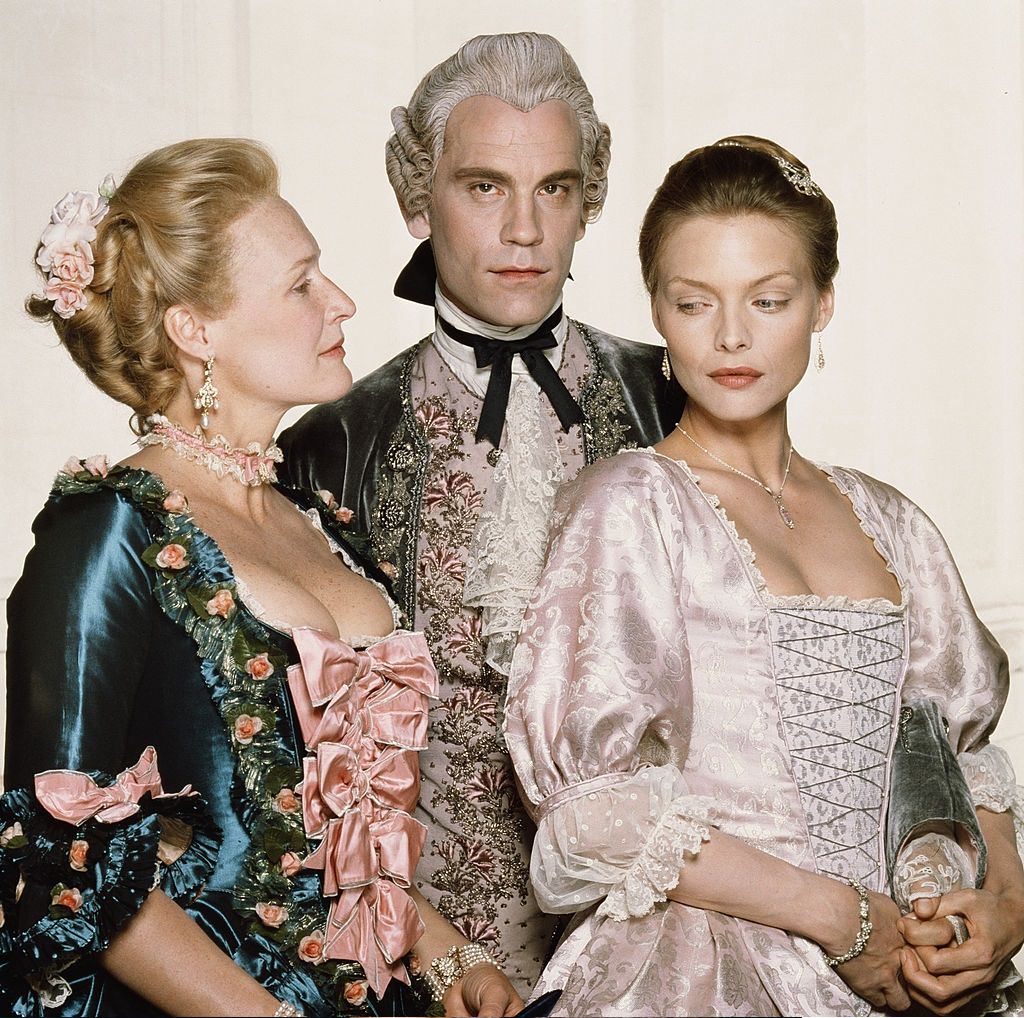 Michelle Pfeiffer with Glenn Close and John Malkovich in the film 'Dangerous Liaisons', 1988