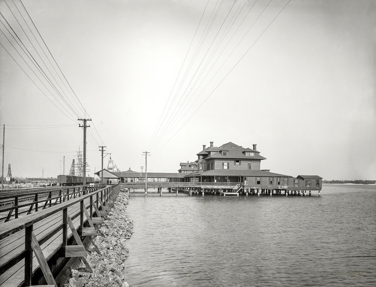 The Port Tampa Inn, wharf and rail line, Tampa Pier, Florida circa 1898