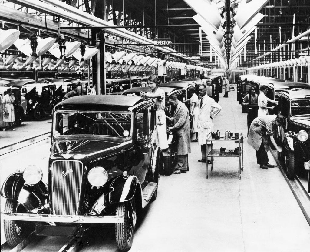Austin 10 cars on the final inspection and finishing tracks at the Longbridge works at Austin cars Longbridge, 1936
