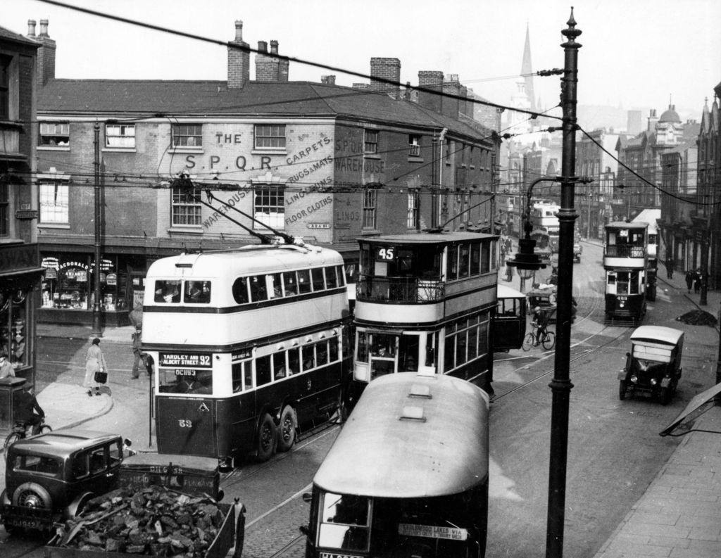 Traffic at the junction of High Street and Rea Street, Deritend, May 1934.