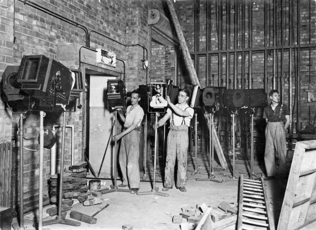 Spotlights and stage equipment on stage at the new Paramount Cinema as it nears completion, Paramount Cinema New Street Birmingham, 1937.