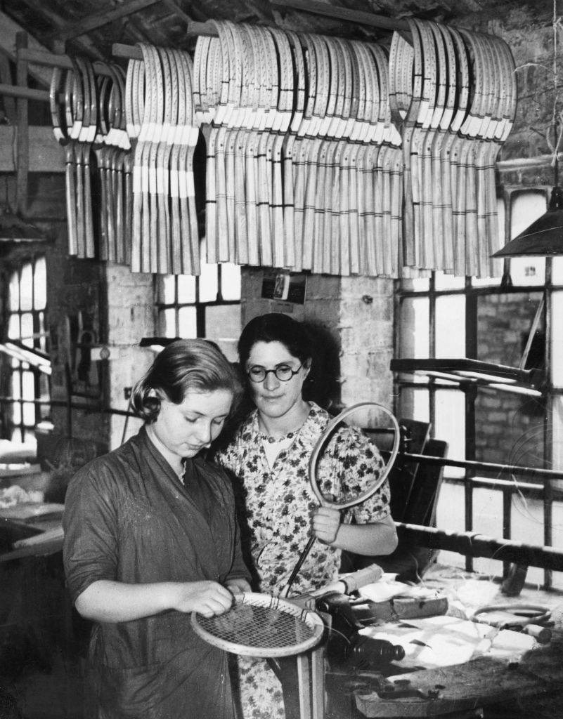 Tennis rackets being strung at the Birmingham factory of Messers Clapshaw and Cleave Limited, 1939.