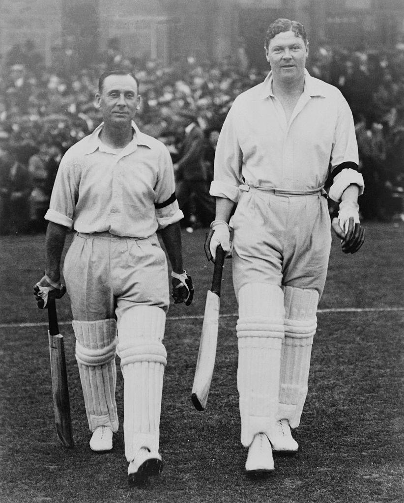 England batsmen Jack Hobbs and Percy Chapman resuming their innings after lunch at the 1st Test Match against Australia at Trent Bridge, Birmingham, 1930.