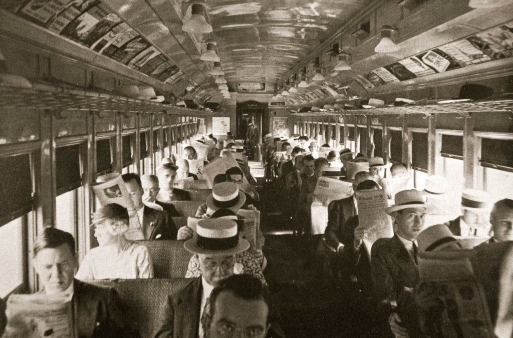 Rail commuters, New York City, 1930s.
