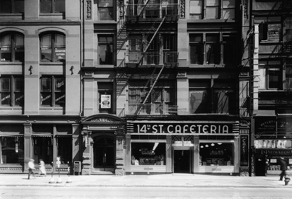 A view of 14th Street and the exterior of the 14th Street Cafeteria, circa 1930.