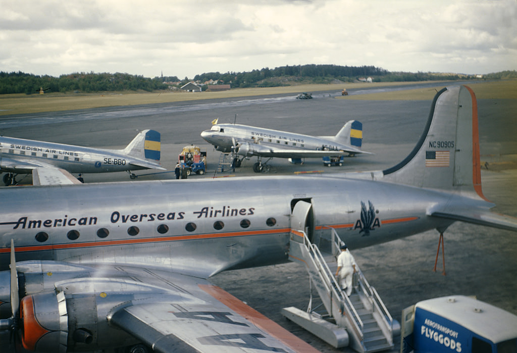 Aircraft at Bromma Airport near Stockholm City. The aeroplane in the foreground is a Douglas DC-4, the two in the background are Douglas DC-3’s, 1947