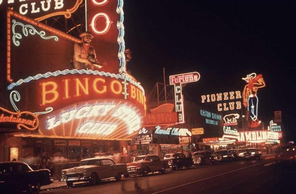 Neon signs advertising casinos and clubs on Fremont Street in Las Vegas, 1955