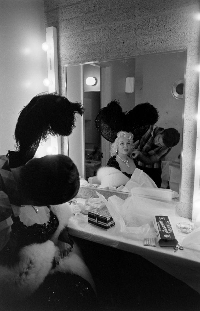 Mae West backstage during her nightclub debut at Sahara Las Vegas, 1954