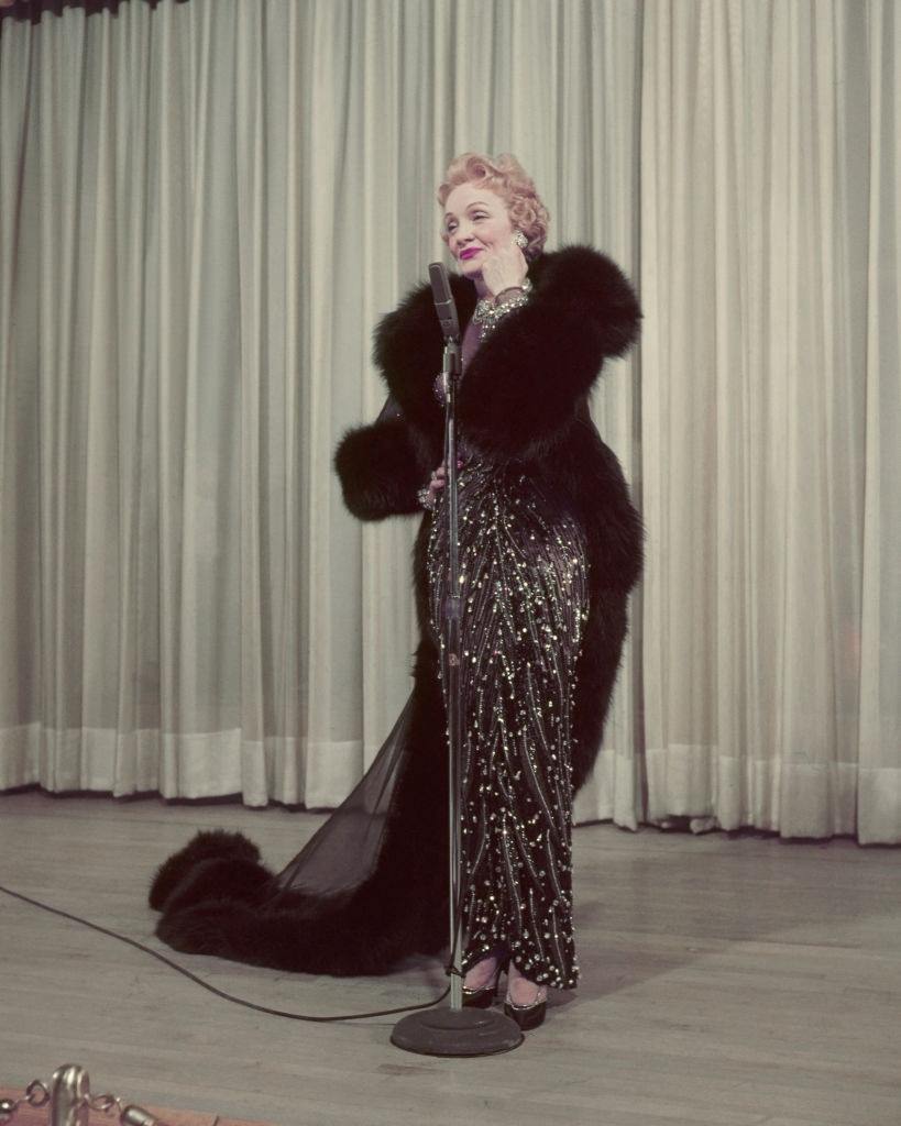 Marlene Dietric performing on stage in Las Vegas, 1953.