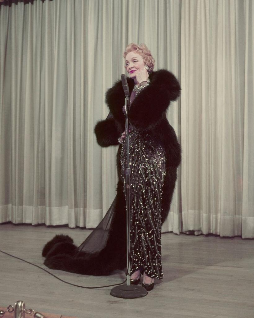 Marlene Dietric performing on stage in Las Vegas, 1953.