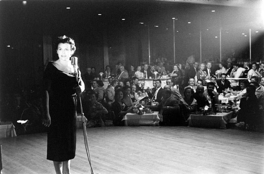 Roberta Sherwood singing at the Riverside Night, Las Vegas, 1956.